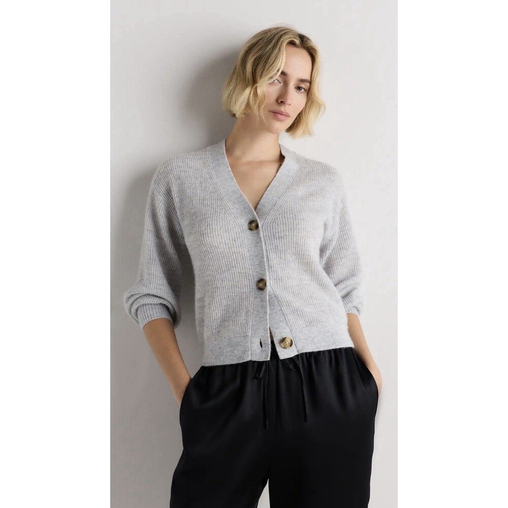 Quince Light Gray Ribbed V-Neck Button Cardigan